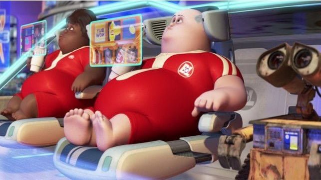 A close-up of animated characters from Disney Pixar's WALL-E movie, including WALL-E and Eve, relaxing in a futuristic setting with detailed technology and vibrant colors.