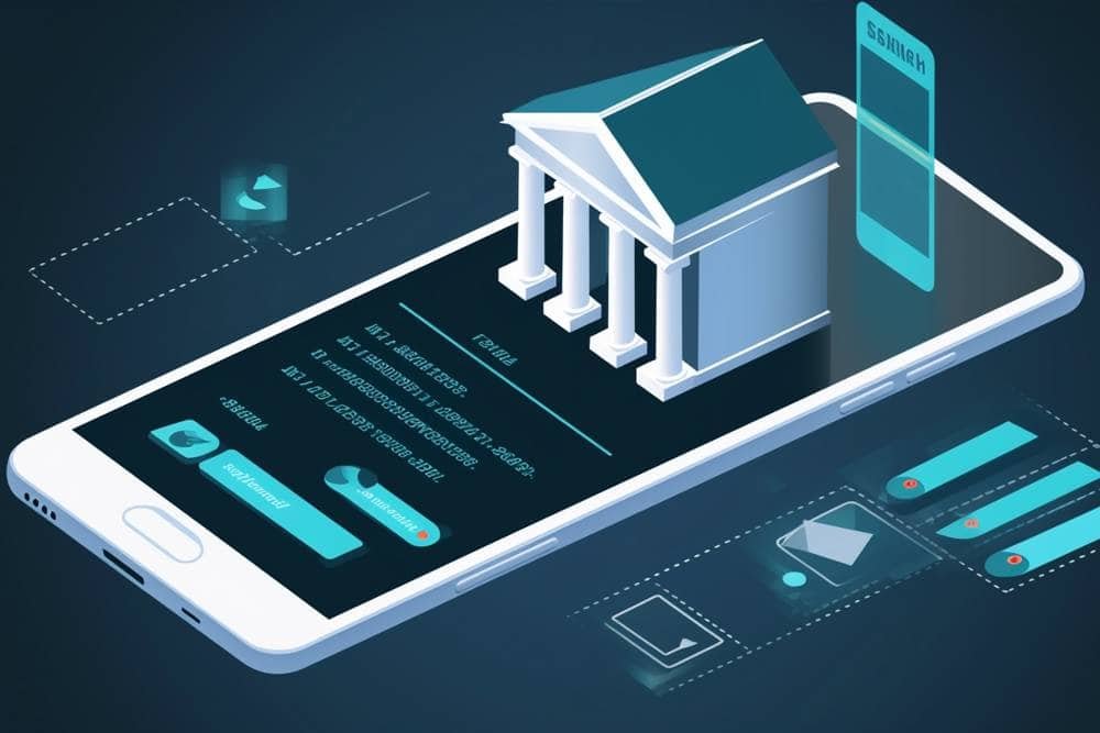 Banking and financial technology concept with mobile banking app and digital banking icons on smartphone screen. Digital banking, online banking security, and fintech innovation.