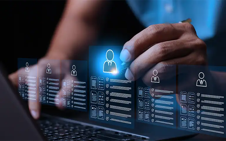 High-tech digital recruitment process with holographic profiles and candidate assessment icons.