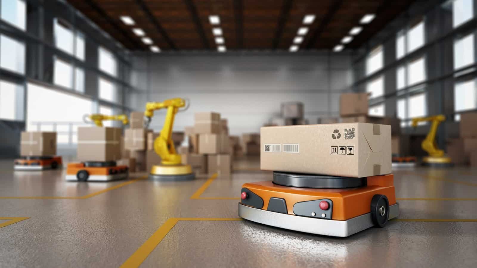 Robotic arm loads an autonomous intralogistics robot carrying a parcel » Chris Hood Self directing robots, as identified by Autonomy Validation Matrix
