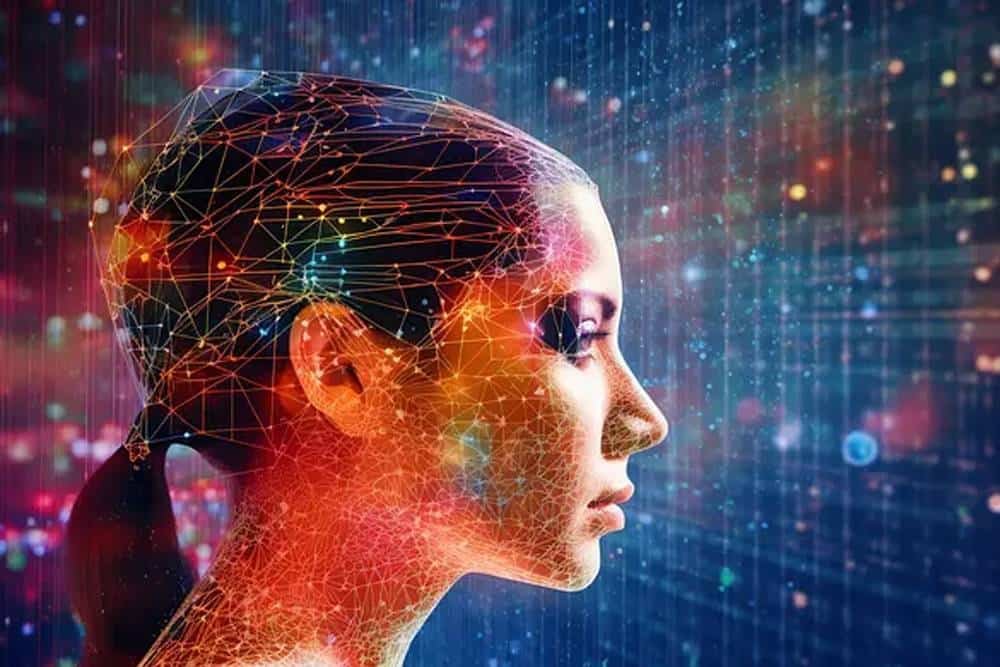 Futuristic digital artwork of a woman's profile with interconnected neural network lines and glowing lights representing AI, technology, and innovation themes.